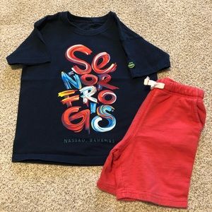 Senor Frogs YS shirt paired with Carter 4T drawstring coral shorts.